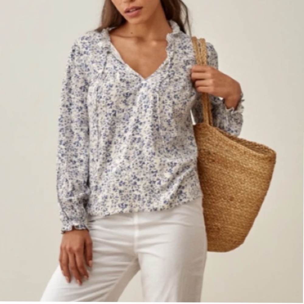 Reformation White Floral Amira LS Blouse Size‎ L